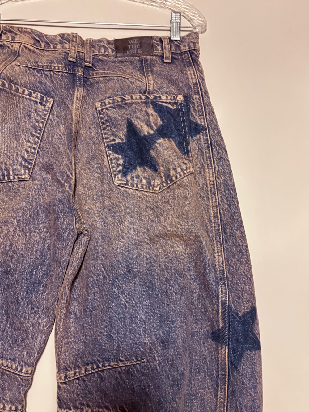 NEW Free People x WTF Good Luck Shadow Patch Barrel Jeans -Dark Wash w/ Stars ⭐️ - Picture 13 of 16
